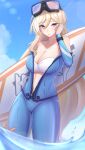  1girl absurdres bangs bianka_durandal_ataegina bikini blonde_hair blue_eyes blue_sky breasts cleavage closed_mouth cloud cloudy_sky diving_suit goggles goggles_on_head hair_between_eyes highres holding holding_surfboard honkai_(series) honkai_impact_3rd laxiusart long_hair looking_at_viewer outdoors sky solo strapless strapless_bikini surfboard swimsuit wading water wet white_bikini 