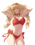  1girl armpits arms_up athena_(granblue_fantasy) bangs bikini blonde_hair braid breasts choker cleavage cowboy_shot criss-cross_halter granblue_fantasy grey_eyes groin hairband halterneck hand_in_own_hair highres long_hair looking_at_viewer medium_breasts navel nos red_bikini simple_background smile solo swimsuit teeth twin_braids white_background 