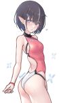  1girl ass bare_shoulders black_hair blue_eyes blush breasts competition_swimsuit cowboy_shot dan_(kumadan) earrings elf hair_ornament hairclip highleg highleg_swimsuit highres jewelry looking_at_viewer one-piece_swimsuit original parted_lips pink_swimsuit pointy_ears short_hair simple_background small_breasts solo swimsuit white_background 