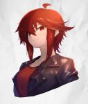  1girl absurdres ahoge black_jacket breasts commentary_request ear_piercing highres jacket leather leather_jacket medium_breasts ohako_(ohako1818) original piercing red_eyes red_hair red_shirt shirt short_hair short_hair_with_long_locks sidelocks smile upper_body white_background 
