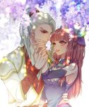  1boy 1girl absurdres chi_meng_(hua_jianghu_zhi_bei_mo_ting) couple dress flower formal hair_ornament hand_on_another&#039;s_hip highres hip_vent holding_hands hua_jianghu_zhi_bei_mo_ting jewelry long_hair necklace open_mouth ponytail purple_dress purple_hair rong_nage_rong second-party_source sidelocks smile suit tattoo teeth upper_body white_background white_suit wisteria 