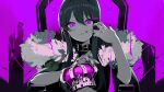  1girl bangs belt_collar broken_glass collar crossed_legs crown doki_doki_literature_club elbow_rest fishnets frown fur_collar glass hair_ornament hairclip highres king_(vocaloid) long_hair monochrome nail_polish parted_lips purple_eyes purple_theme saihara_homare sitting slit_pupils solo throne yuri_(doki_doki_literature_club) 