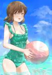  alternate_costume aqua_swimsuit ball beachball black_eyes black_hair blue_sky breasts casual_one-piece_swimsuit cleavage cloud day frilled_swimsuit frills fubuki_(kancolle) hair_between_eyes highres holding holding_ball holding_beachball kantai_collection kiusagi_sanae looking_at_viewer low_ponytail ocean one-piece_swimsuit one_eye_closed open_mouth outdoors ponytail short_ponytail sky small_breasts smile sweatdrop swimsuit water 