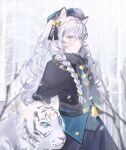  1girl animal_ear_fluff animal_ears arknights bangs bare_tree belt black_gloves black_skirt blurry blurry_foreground blush braid capelet closed_mouth commentary gloves green_jacket grey_eyes grey_hair hair_ornament handbell highres jacket leopard leopard_ears long_hair looking_afar nao_(naooo_1230) outdoors pramanix_(arknights) pramanix_(caster&#039;s_frost)_(arknights) single_braid skirt standing tree 