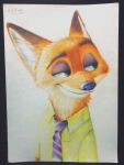  anthro askalin canid canine clothed clothing disney fox fur graphite_(artwork) hi_res male mammal necktie nick_wilde pencil_(artwork) red_body red_fur shirt simple_background smile solo topwear traditional_media_(artwork) white_background zootopia 