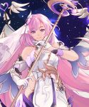  1girl alliedapotato bangs bare_shoulders closed_mouth dress elf elysia_(herrscher_of_human:ego) elysia_(honkai_impact) gloves hair_ornament highres holding holding_staff honkai_(series) honkai_impact_3rd long_hair looking_at_viewer night night_sky pink_eyes pink_hair pointy_ears sky smile solo staff star_(sky) starry_sky white_dress white_gloves 