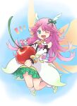  1girl ;d bangs bare_shoulders blue_eyes cherry dragalia_lost dress ekra fairy fairy_wings fang flower food fruit hair_flower hair_ornament highres holding holding_food holding_fruit long_hair looking_at_viewer notte_(dragalia_lost) one_eye_closed open_mouth pink_hair skin_fang smile solo white_dress wings 