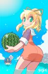  1boy 1girl artist_name ass bangs blonde_hair blue_sky closed_mouth cloud commentary_request day dress food from_behind fruit green_eyes green_ribbon hair_between_eyes hair_ribbon high_ponytail holding holding_food looking_at_viewer looking_back mega_man_(character) mega_man_(classic) mega_man_(series) outdoors partially_submerged ponytail red_dress ribbon roll_(mega_man) shisui short_sleeves signature sky smile solo_focus water watermelon 