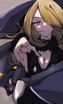  1girl absurdres black_coat blonde_hair breasts brown_eyes cleavage closed_mouth coat cynthia_(pokemon) frown fur-trimmed_sleeves fur_trim garchomp grey_background hair_over_one_eye highres index_finger_raised kakuzatou_(cubesugar03196) long_hair long_sleeves looking_at_viewer medium_breasts pointing pointing_at_viewer pokemon pokemon_(game) pokemon_dppt solo upper_body 