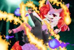  accessory acorn_head anthro black_body black_fur bow_ribbon braixen claws clothing collar collar_tag convenient_censorship elemental_manipulation female fire fire_manipulation fur hair_accessory hair_bow hair_ribbon hi_res legwear mostly_nude nintendo open_mouth pawpads paws pok&eacute;mon pok&eacute;mon_(species) purple_body purple_fur red_body red_eyes red_fur red_nose ribbons solo thigh_highs tongue video_games wand 