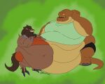  2022 absurd_res alien anthro belly belly_overhang ben_10 big_belly bracelet brown_body brown_fur canid canine canis cartoon_network claws clothed clothing digital_media_(artwork) digitigrade dinosaur duo female fur hair hi_res jewelry loboan male mammal morbidly_obese morbidly_obese_anthro morbidly_obese_female musclegut muscular not_furry obese obese_anthro obese_female orange_eyes overweight overweight_anthro overweight_female paceplusle reptile scalie simple_background smile teeth vaxasaurian wolf yellow_eyes 