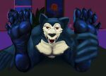  absurd_res anthro beastars bent_over black_nose canid canine canis feet foot_fetish foot_focus foot_holding hi_res legoshi_(beastars) lying_on_ground male mammal nipples open_mouth red_eyes solo stretching wolf 