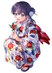  1girl alternate_costume alternate_hairstyle black_hair blush floral_print flower full_body grey_eyes hair_between_eyes hair_bun hair_flower hair_ornament hair_stick hand_fan highres higurashi_kagome holding holding_fan inuyasha japanese_clothes kimono long_hair lower_teeth motobi_(mtb_umk) open_mouth own_hands_together sandals smile solo teeth upper_teeth white_background yukata 