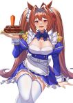  1girl adapted_costume animal_ears apron arm_support bangs blue_jacket blush breasts brown_hair carrot daiwa_scarlet_(umamusume) fang feet_out_of_frame food framed_breasts garter_straps hair_intakes hamburger_steak highres holding holding_plate horse_ears horse_girl horse_tail invisible_chair jacket juliet_sleeves large_breasts long_hair long_sleeves looking_at_viewer open_mouth plate puffy_sleeves red_eyes simple_background sitting slit_pupils smile solo tail thighhighs tiara twintails umamusume very_long_hair vococo waist_apron white_background white_thighhighs 