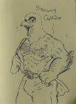  &lt;3 &lt;3_eyes abs accipitrid accipitriform anthro avian bird body_hair bulge chest_hair clothed clothing eagle hand_on_hip looking_at_viewer male monochrome muscular muscular_anthro muscular_male open_mouth pecs solo steam suspenders text topless traditional_media_(artwork) unknown_artist 