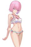  1girl arms_behind_back bangs bare_arms bikini blush closed_mouth collarbone cowboy_shot fate/grand_order fate_(series) hair_between_eyes highres l4st_resort looking_at_viewer mash_kyrielight open_mouth pink_hair pink_ribbon purple_eyes ribbon short_hair simple_background smile solo standing striped striped_bikini swimsuit white_background 