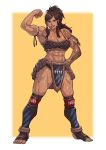  1girl abs absurdres alternate_universe armor avatar_(series) bangs biceps breasts brown_hair cirenk commission dark-skinned_female dark_skin flexing fur_trim greaves green_eyes hand_on_hip highres korra large_breasts long_bangs long_hair looking_at_viewer muscular muscular_female pose solo tattoo tattoo_sleve the_legend_of_korra 