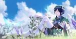  1boy ^_^ absurdres bangs beret black_bow black_bowtie black_hair blue_hair blue_sky blurry blurry_foreground bow bowtie braid brown_corset bug buttons cape closed_eyes cloud collared_cape commentary_request corset crystalfly_(genshin_impact) day depth_of_field flower frilled_sleeves frills gem genshin_impact gradient_hair grass green_cape green_headwear green_shorts hair_between_eyes hat hat_flower highres knee_up lavender_(flower) long_sleeves male_focus medium_hair mountain multicolored_hair on_ground outdoors pantyhose parted_lips pom_pom_(clothes) puffy_shorts purple_flower scenery shirt short_hair_with_long_locks short_shorts shorts side_braids sidelocks sitting sky smile solo striped striped_bow striped_bowtie twin_braids vc_ooo venti_(genshin_impact) vision_(genshin_impact) white_flower white_pantyhose white_shirt 