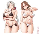  2girls arm_under_breasts arm_up bikini black_bikini blush bow breasts brown_eyes brown_hair chitose_(kancolle) chiyoda_(kancolle) cropped_legs curvy ebifurya furrowed_brow grey_eyes grey_hair hair_bow hand_up highres kantai_collection large_breasts long_hair low_ponytail medium_hair multiple_girls navel parted_lips side-tie_bikini simple_background skindentation stomach strap_gap swimsuit thighs twitter_username white_background white_bikini 