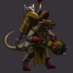 anthro apron armor banner boots brown_body brown_fur clothing fire flamethrower footwear fuel_tank fur gloves handwear harness hi_res leather leather_clothing leather_gloves leather_handwear male mammal mask murid murine nozzle oniontrain ranged_weapon rat rodent skaven smile solo standing warhammer_(franchise) warhammer_fantasy weapon 