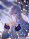  1boy absurdres bishounen changpao chinese_clothes flower for_all_time grey_hair highres lens_flare long_hair looking_at_viewer male_focus purple_eyes solo very_long_hair white_flower white_hair yexuan zhumojian 