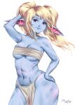  1girl alternate_costume artist_name bangs blonde_hair blue_skin closed_mouth colored_skin grey_background hand_on_hip league_of_legends long_hair navel pointy_ears poppy_(league_of_legends) sarashi simple_background skindentation sleepingsol smile solo stomach twintails yordle 
