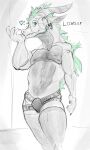  &lt;3 anthro bulge claws clothing dragon ear_piercing ear_ring english_text fur hair hi_res invalid_tag jockstrap lavaar lingerie long_socks looking_aside love male muscular piercing pose ring_piercing simple_background sketch solo text tight_clothing underwear 