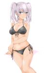  1girl absurdres alternate_costume bikini black_bikini blue_eyes breasts front-tie_bikini front-tie_top grey_hair highres kantai_collection kashima_(kancolle) large_breasts maonatten navel side-tie_bikini sidelocks smile solo swimsuit twintails wavy_hair wet 