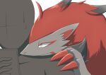  2022 absurd_res ambiguous_gender anon anthro black_body black_fur blue_sclera bodily_fluids canid canine claws duo eye_markings finger_claws fur hair hi_res leaning_on_another looking_at_another mammal markings nintendo phone pok&eacute;mon pok&eacute;mon_(species) red_body red_claws red_fur rocking_jjj shaded signature simple_background sweat sweatdrop video_games white_background zoroark 