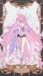  1girl bangs bare_shoulders closed_mouth dress elf elysia_(herrscher_of_human:ego) elysia_(honkai_impact) full_body gloves hair_between_eyes hair_ornament highres honkai_(series) honkai_impact_3rd long_hair looking_at_viewer petals pink_eyes pink_hair pointy_ears smile solo sougishi_ego tarot white_dress white_gloves 