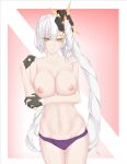  1girl absurdres bangs bikini black_gloves breasts choker collarbone fate/grand_order fate_(series) gloves hair_ornament half_gloves highres kachihokori_satake large_breasts long_hair looking_at_viewer marie_antoinette_(alter)_(fate) marie_antoinette_(fate) navel nipples parted_lips purple_bikini side_ponytail solo swimsuit thighs topless very_long_hair white_hair yellow_eyes 