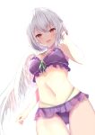  1girl absurdres bare_arms bare_legs bare_shoulders bikini blush braid breasts cowboy_shot feathered_wings hair_between_eyes highres kishin_sagume large_breasts navel niko_kusa open_mouth purple_bikini red_eyes short_hair simple_background single_wing smile solo swimsuit touhou white_background white_hair white_wings wings 