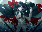  1boy bangs black_hair buttons cape chain checkered_background checkered_clothes checkered_scarf commentary_request danganronpa_(series) danganronpa_v3:_killing_harmony double-breasted feet_out_of_frame flower green_cape green_headwear grey_background grey_cape grey_jacket grey_pants hair_between_eyes jacket looking_at_viewer medium_hair ouma_kokichi pants pink_eyes purple_hair red_flower sakuyu scarf shiny shiny_hair smile solo two-sided_cape two-sided_fabric watermark 