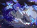  1boy bishounen blue_butterfly blue_eyes blue_hair bug butterfly chromatic_aberration diffraction_spikes expressionless for_all_time glasses lens_flare looking_at_another looking_at_viewer lying male_focus mole mole_under_eye short_hair si_lan solo sparkle zhumojian 
