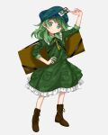  1girl aqua_headwear bangs box brown_footwear camouflage camouflage_shirt camouflage_skirt card closed_mouth flat_cap full_body green_eyes green_hair green_shirt green_skirt harukawa_moe_(style) hat highres keiki8296 key looking_at_viewer shirt short_hair simple_background skirt smile solo touhou white_background yamashiro_takane 