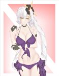  1girl absurdres bangs bare_shoulders bikini black_gloves breasts choker cleavage collarbone fate/grand_order fate_(series) gloves hair_ornament half_gloves highres kachihokori_satake large_breasts long_hair looking_at_viewer marie_antoinette_(alter)_(fate) marie_antoinette_(fate) navel parted_lips purple_bikini side_ponytail solo swimsuit thighs very_long_hair white_hair yellow_eyes 