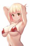  1girl armpits arms_behind_head arms_up atgsanz_(wttoo0000) bikini blonde_hair breasts closed_mouth highres large_breasts looking_at_viewer lycoris_recoil navel nishikigi_chisato one_side_up red_bikini red_eyes short_hair simple_background skindentation smile solo strap_gap string_bikini swimsuit underboob upper_body wet white_background 