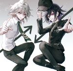  2boys arm_up arrow_(symbol) bangs black_footwear black_hair black_headwear black_jacket closed_mouth collared_shirt cosplay danganronpa_(series) danganronpa_2:_goodbye_despair danganronpa_v3:_killing_harmony feet_out_of_frame green_necktie grey_background grey_hair grin hair_between_eyes hand_up hat hinata_hajime hinata_hajime_(cosplay) holding holding_clothes holding_hat jacket komaeda_nagito messy_hair multicolored_hair multiple_boys necktie ouma_kokichi pants pink_hair print_necktie purple_eyes saihara_shuuichi saihara_shuuichi_(cosplay) sakuyu shiny shiny_hair shirt smile striped striped_jacket striped_pants teeth two-tone_hair white_shirt 