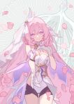  1girl bangs bare_shoulders close-up closed_mouth dress elf elysia_(herrscher_of_human:ego) elysia_(honkai_impact) gloves hair_between_eyes hair_ornament highres honkai_(series) honkai_impact_3rd long_hair looking_at_viewer petals pink_eyes pink_hair pointy_ears smile solo sougishi_ego tarot white_dress white_gloves 