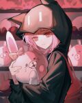  1girl animal_ears backpack bag bangs black_jacket closed_mouth danganronpa_(series) danganronpa_2:_goodbye_despair ear_bow fake_animal_ears from_side highres hood hood_up huang_du_du indoors jacket long_sleeves medium_hair monomi_(danganronpa) nanami_chiaki pink_eyes pink_hair solo stuffed_animal stuffed_bunny stuffed_toy tears 