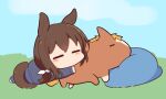  1girl =_= admire_japan_(racehorse) admire_vega_(umamusume) animal_ears bangs bean_bag_chair bow brown_hair chibi commentary gomashio_(goma_feet) grass horse horse_ears horse_girl horse_tail long_sleeves lying no_mouth on_stomach outdoors ponytail sky sweatshirt tail umamusume white_bow yogibo 