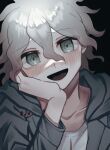  1boy :d absurdres bangs black_background blush collarbone danganronpa_(series) danganronpa_2:_goodbye_despair green_jacket grey_eyes grey_hair grey_shirt hair_between_eyes hand_up highres hood hood_down hooded_jacket idzuki_kenkyu-in jacket komaeda_nagito long_sleeves male_focus open_mouth shiny shiny_hair shirt short_hair simple_background smile solo 