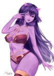  1girl alternate_costume alternate_form animal_ears bangs bare_arms bare_shoulders bikini colored_skin gradient gradient_background green_eyes hand_up league_of_legends long_hair looking_at_viewer lulu_(league_of_legends) navel one_eye_closed pink_skin purple_hair red_bikini red_thighhighs signature simple_background sleepingsol smile solo swimsuit thighhighs two-tone_thighhighs 