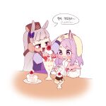  2girls alternate_costume animal_ears bilingual bow cake cake_slice cherry drooling drying ear_bow food fruit ggubii0225 gold_ship_(umamusume) grey_hair headgear highres holding holding_spoon hood hoodie horse_ears horse_girl jaggy_lines korean_text long_hair long_sleeves macaron manhwa mejiro_mcqueen_(umamusume) multiple_girls parfait pillbox_hat pink_eyes pudding purple_bow purple_eyes purple_hair purple_shirt school_uniform shirt short_eyebrows speech_bubble spoon strawberry strawberry_parfait strawberry_slice stuffed_animal stuffed_bunny stuffed_toy thick_eyebrows towel tracen_school_uniform translated umamusume upper_body wafer_stick whipped_cream white_background white_hoodie white_shirt winter_uniform 