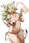  1girl animal_ears animal_print antlers ass_visible_through_thighs bell bikini blush bouncing_breasts branch breasts ceres_fauna cow_ears cow_horns cow_print cow_tail cowbell cup drinking_glass earrings flower green_hair hair_flower hair_ornament haraya_manawari highres holding holding_cup hololive hololive_english horns jewelry large_breasts leaf long_hair low-tied_long_hair milk navel neck_bell open_mouth pitcher side-tie_bikini simple_background skindentation solo stomach sweat swimsuit tail thigh_gap thighs virtual_youtuber white_background white_flower yellow_eyes 