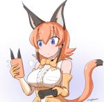  1girl animal_costume animal_ear_fluff animal_ears black_hair bow bowtie caracal_(kemono_friends) cellphone controller elbow_gloves game_controller gamepad gloves kemono_friends kemono_friends_v_project long_hair microphone multicolored_hair orange_hair phone shirt simple_background skirt sleeveless sleeveless_shirt smartphone solo tail taurine_8000mg virtual_youtuber 