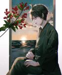  1boy ahoge bangs beach berry brown_hair cloud danganronpa_(series) danganronpa_2:_goodbye_despair from_side green_kimono hinata_hajime japanese_clothes kimono long_sleeves male_focus ocean profile sakuyu short_hair sitting solo sunset watermark white_background 