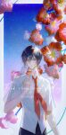  1boy absurdres ayn_(for_all_time) bishounen collared_shirt film_grain flower for_all_time highres holding holding_flower looking_at_viewer male_focus necktie red_eyes red_flower red_necktie shirt short_hair solo standing white_shirt zhumojian 