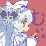  1girl blush_stickers butterfly_hair_ornament chaika_trabant chibi dress hair_ornament hairband hitsugi_no_chaika long_hair lowres mota open_mouth puffy_sleeves purple_eyes simple_background solo white_hair 