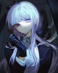  1girl bangs black_bow black_gloves black_jacket blunt_bangs bow danganronpa_(series) danganronpa_3_(anime) gloves grey_shirt hair_bow hair_ribbon hand_up heterochromia highres holding holding_pen huang_du_du indoors jacket kirigiri_kyouko official_alternate_costume open_clothes open_jacket pen pink_eyes ponytail purple_eyes ribbon shiny shiny_hair shirt smile solo 